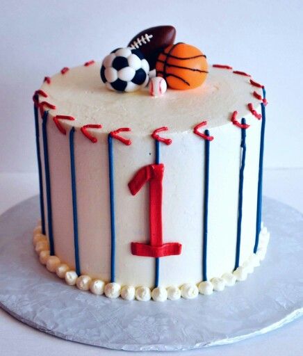 a birthday cake decorated with sports themed decorations