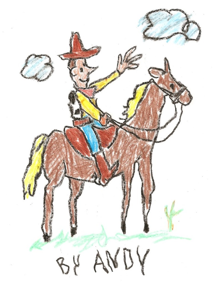 a child's drawing of a cowboy on a horse with the words by andy