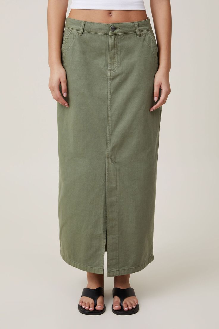 Ryder Utility Maxi Skirt Green Cotton Casual Maxi Skirt, Green Cotton Fall Skirt, Fall Green Cotton Skirt, Relaxed Fit Cotton Skirt With Pockets, Full Length Cotton Summer Skirt, Full Length Cotton Skirt For Summer, Summer Full Length Cotton Skirt, Casual Full-length Lined Skirt, Green Casual Cotton Skirt