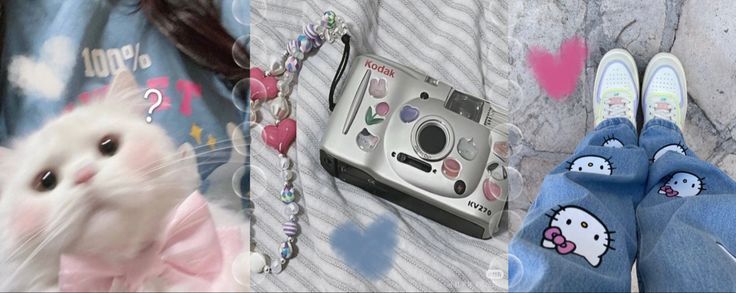 two pictures one has a camera and the other is a cat with hello kitty on it