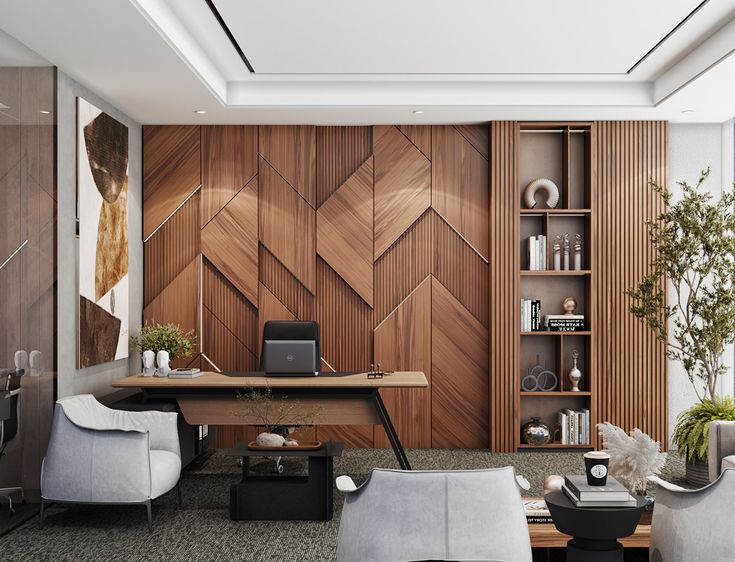 a modern office with wood paneling and white leather chairs in front of a desk