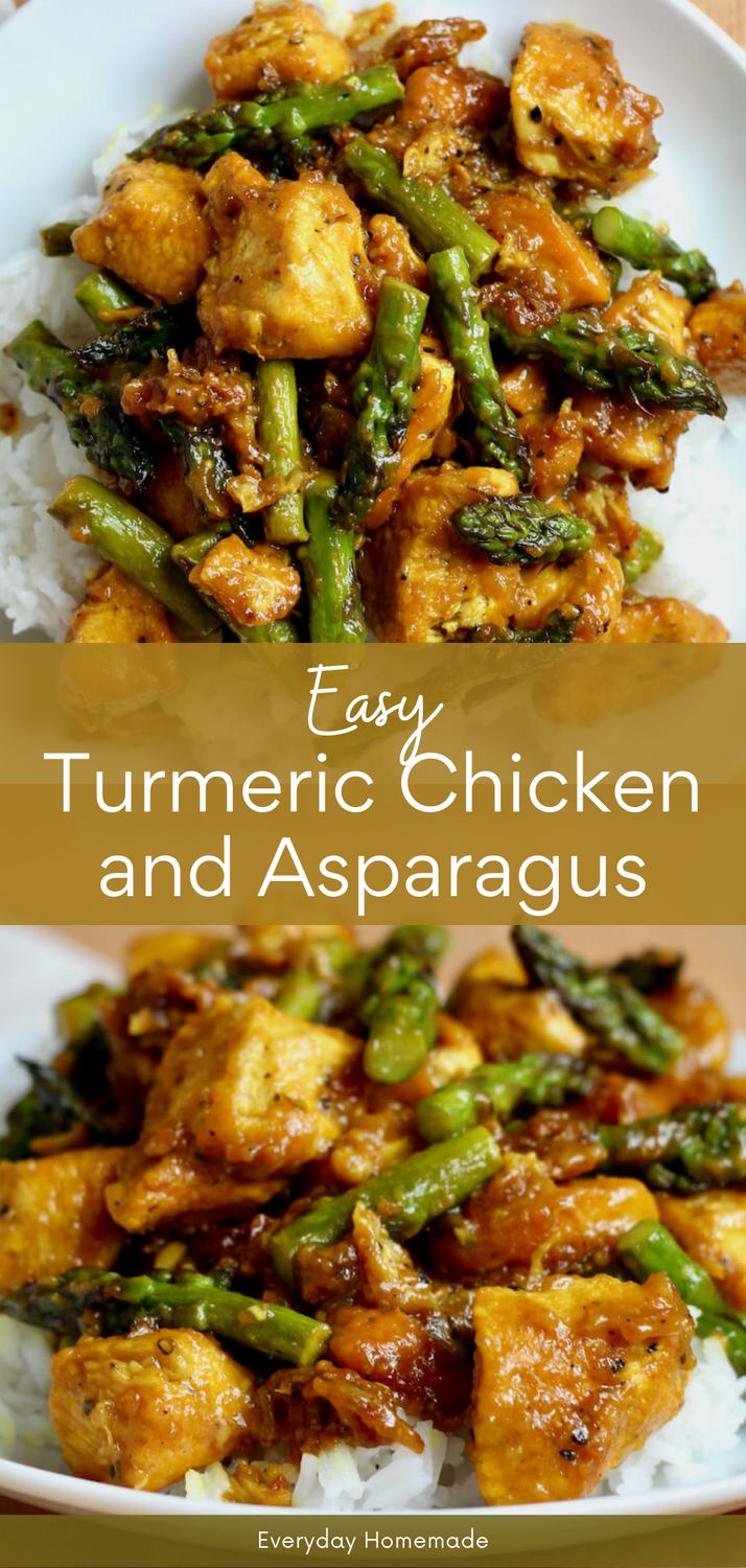 two plates filled with chicken and asparagus on top of white rice, next to the