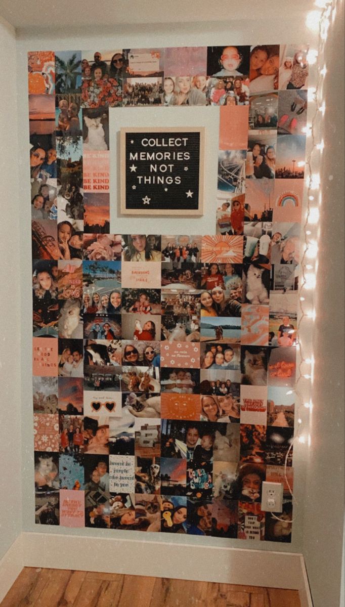 a wall covered in pictures and lights with the words collect memories things up on it