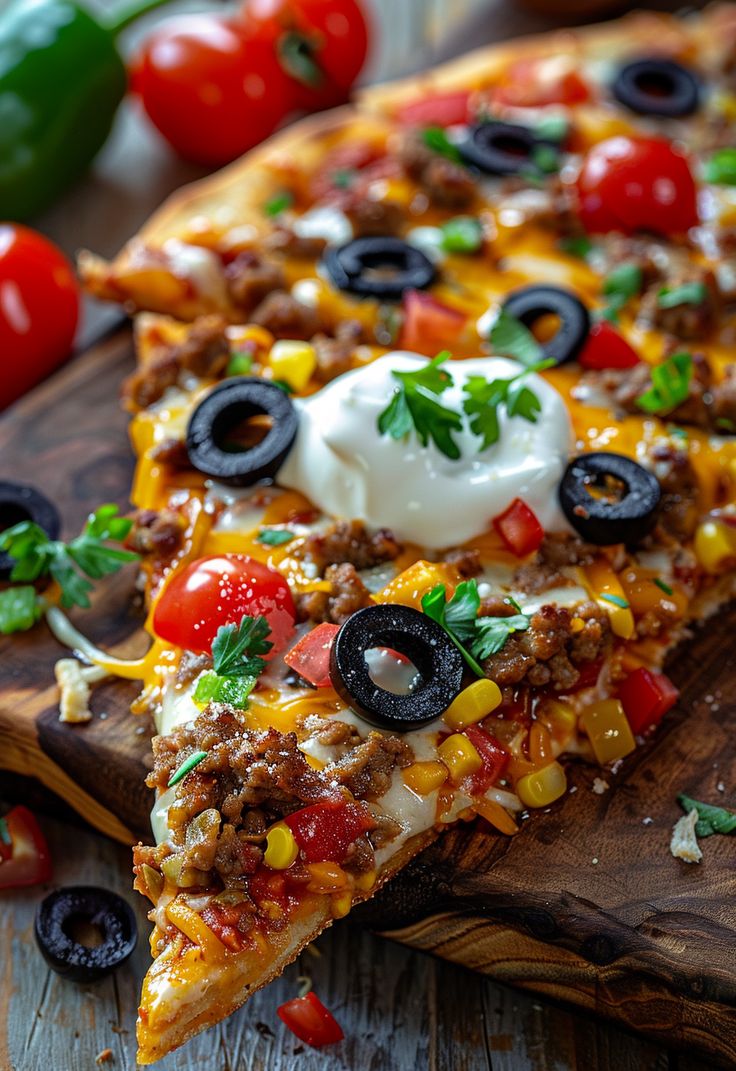 two slices of mexican pizza on a cutting board