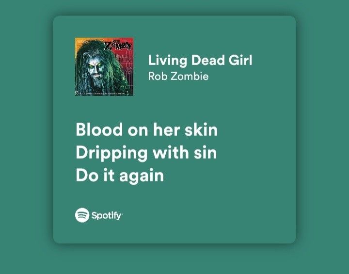 a green square with the words blood on her skin dripping with sin do it again