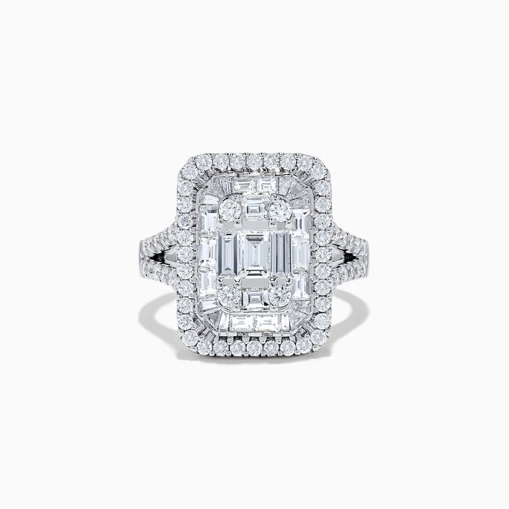 Effy Classique 14K White Gold Diamond Ring Luxury Square-cut Ring For Formal Occasions, Formal Cluster Ring With Prong Setting Emerald Cut, Luxury Square Cut Ring For Formal Occasions, Luxury Square Cut Rings For Formal Occasions, Luxury Cluster Ring With Emerald Cut Center Stone, Luxury Emerald Cut Cluster Ring With Center Stone, 14k White Gold Baguette Cut Ring, 14k Gold Emerald-cut Halo Cluster Ring, 14k Gold Emerald-cut Cluster Ring With Halo Design