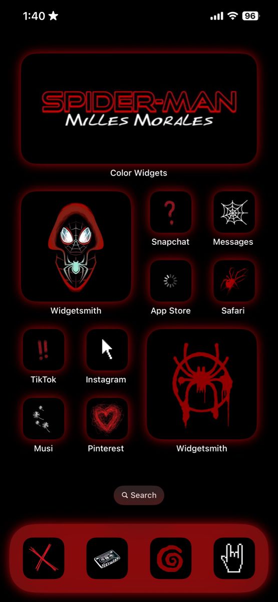 the spiderman logo is shown in red and black, as well as other symbols