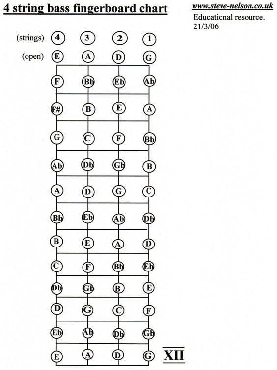 the 5 string bass fingerboard chart is shown in black and white, with numbers on each