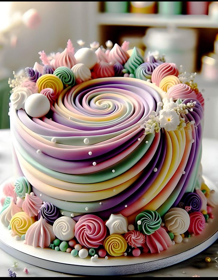 there is a multicolored cake with swirls on the top and candy in the middle