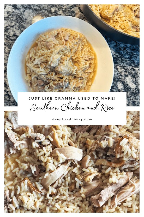 chicken and rice in a white bowl with the words just like grandma used to make southern chicken and rice