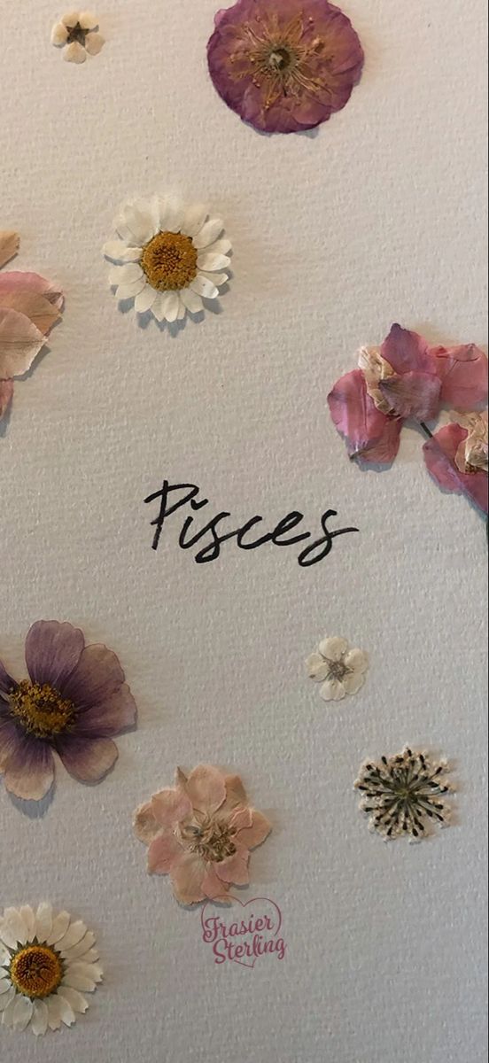 there are many different flowers on the refrigerator door that says pisces in black ink