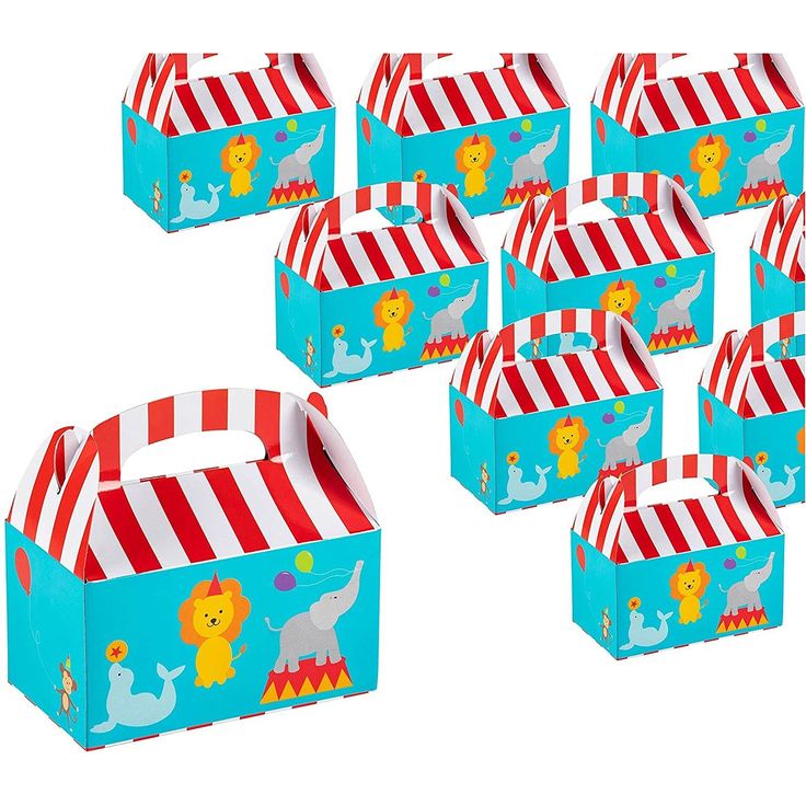 a bunch of small boxes with circus theme on them