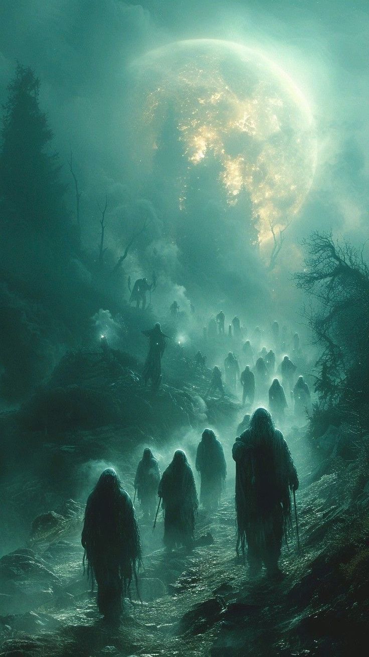 a group of zombies walking through a forest