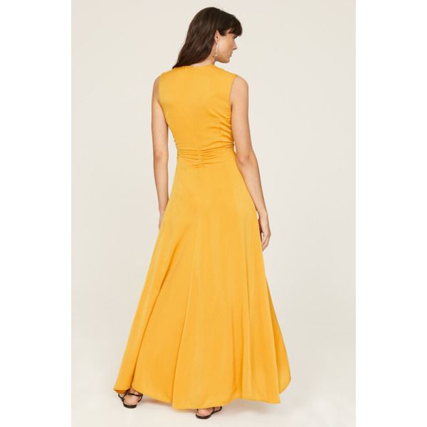 Yellow satin (100% Polyester). Maxi. Sleeveless. Crewneck. Back zipper closure. 56" from shoulder to hemline. Imported. Elegant A-line Maxi Dress In Rayon, Chic Silk A-line Sleeveless Dress, Lined Satin Midi Dress Of Maxi Length, Satin Sleeveless Evening Dress, Sleeveless Ruched Evening Dress For Summer, Chic Ruched Satin Maxi Dress, Rayon A-line Maxi Dress, Satin Dresses With Back Zipper For Summer, Maxi Length Satin Dresses For Dress Down Occasions