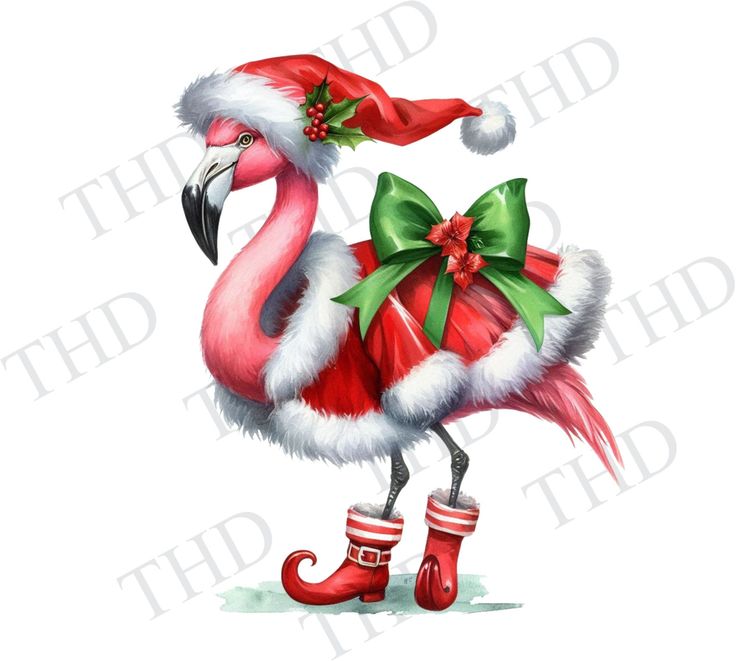 a pink flamingo wearing a santa claus hat and boots with a green bow on it's head