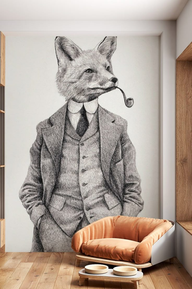 One of Happywalls vibrant wallpapers featuring a fox in the wild Hallway Accent Wallpaper, Fun Wallpaper Bathroom Powder Rooms, Red Bathroom Wallpaper, Dramatic Dining Room Wallpaper, Woodland Wallpaper Living Rooms, Painted Wall Murals Inspiration, Wallpaper For Toilet Room, Home Decor Family Room, Brown Peel And Stick Wallpaper