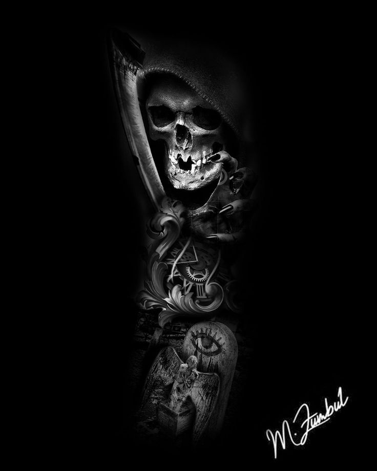 a black and white photo of a skull holding a knife