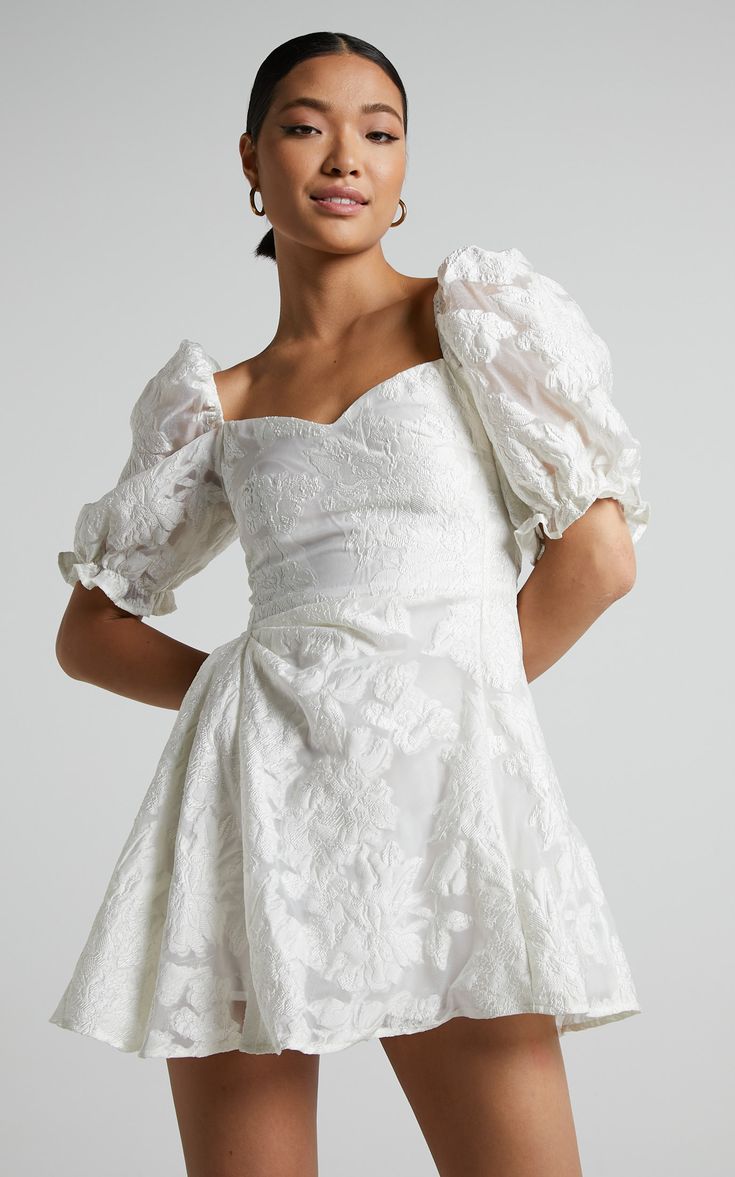 Brailey Mini Dress - Puff Sleeve Fit and Flare Dress in White | Showpo USA White Jacquard Dress, Showpo Dress, Graduation 2025, Reception Outfits, Wedding Festivities, Day To Night Dresses, Wedding Reception Dress, Graduation Dresses, Shower Dresses