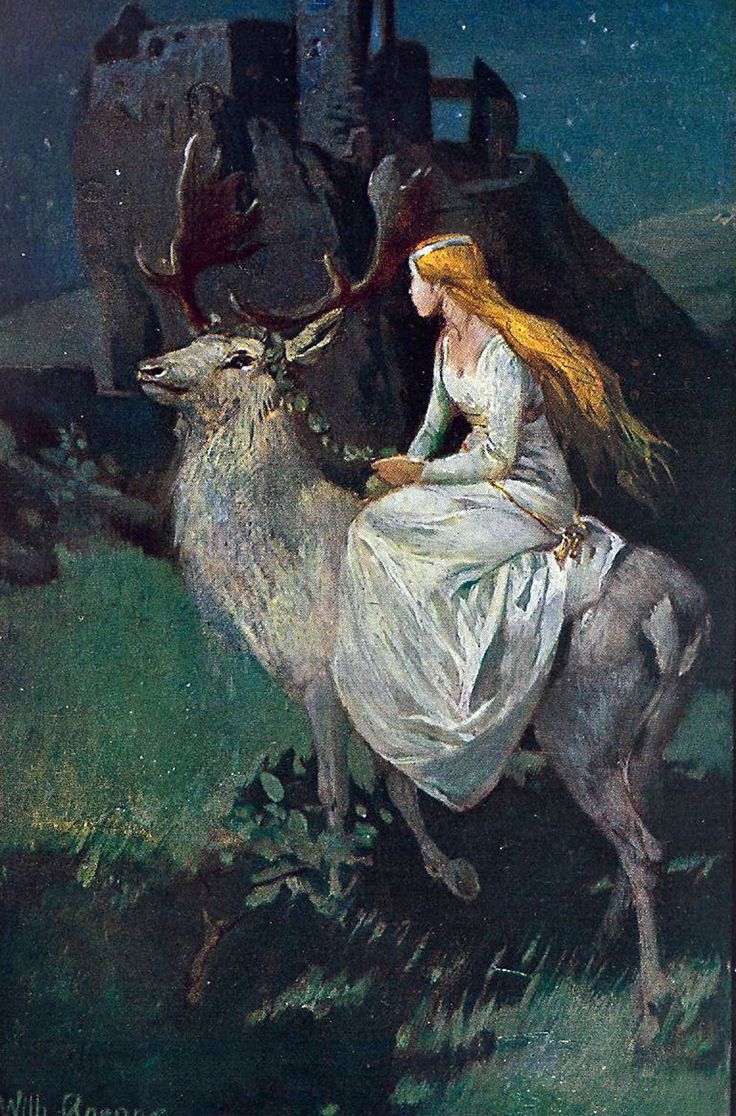 a painting of a woman riding on the back of a deer