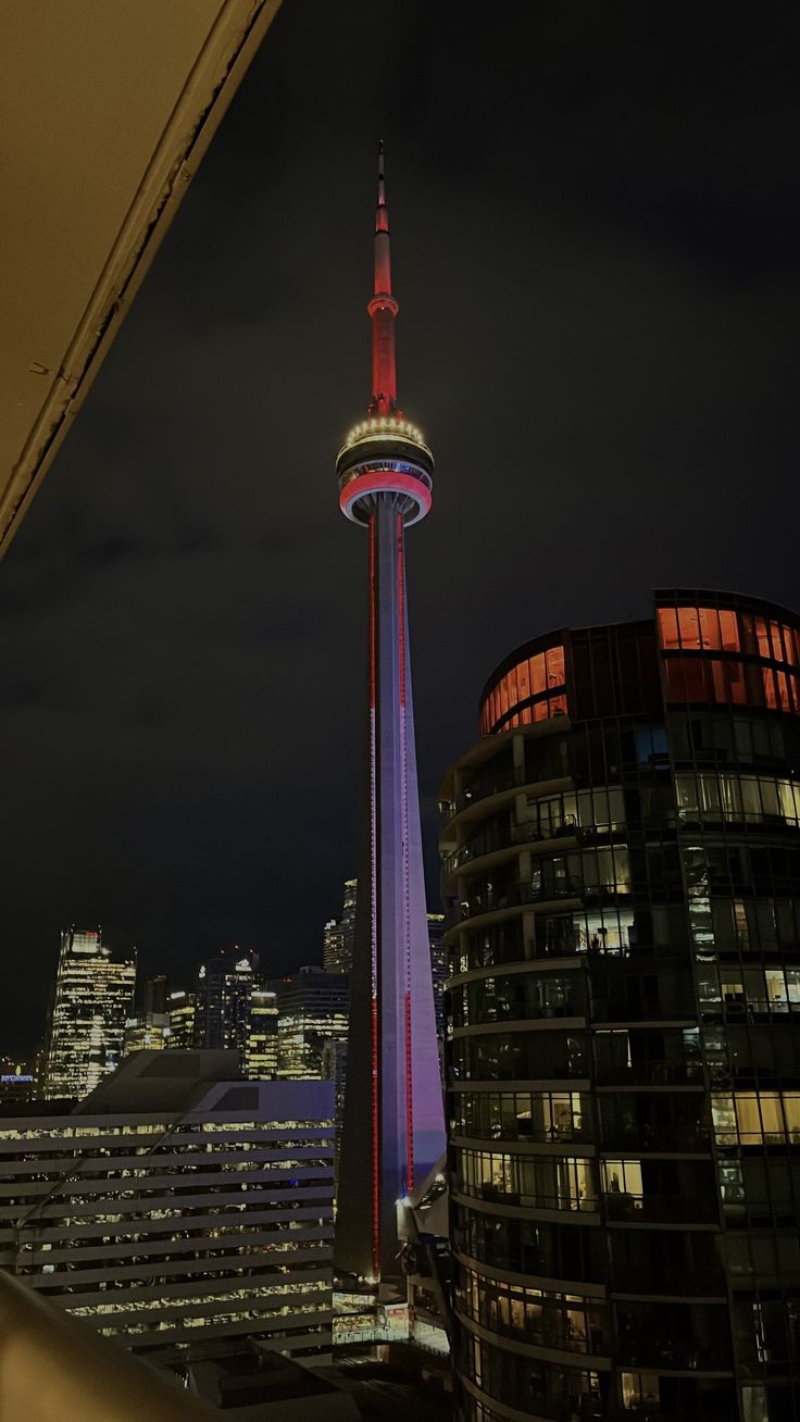 the sky tower is lit up at night