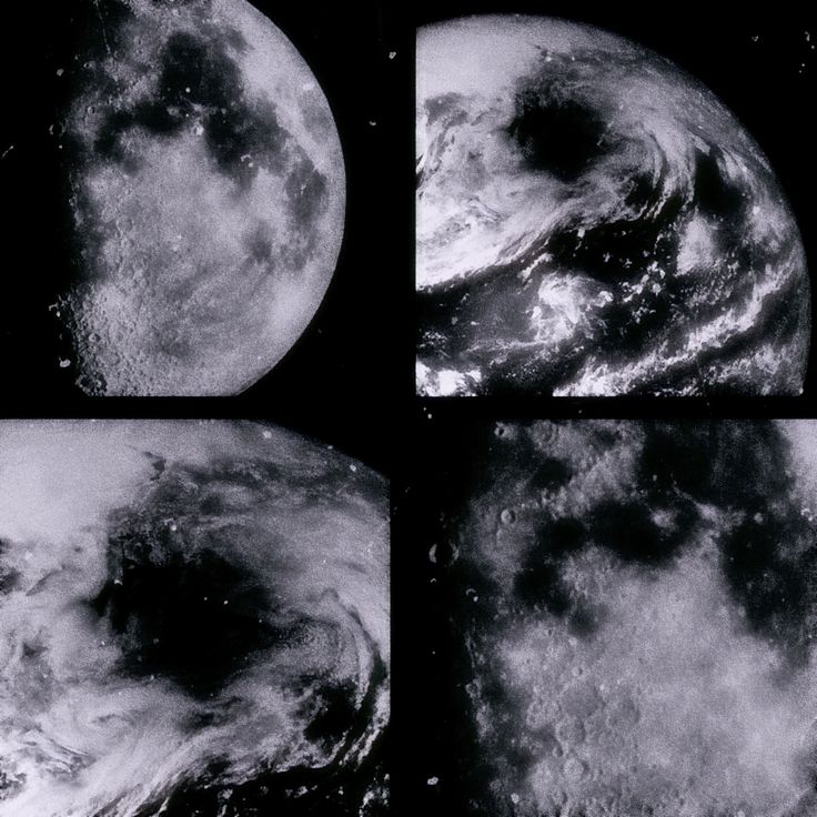 four views of the earth from different angles in black and white, with clouds on them