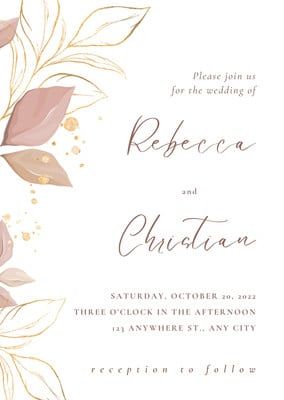 a wedding card with pink flowers and leaves on the front, in gold foil lettering