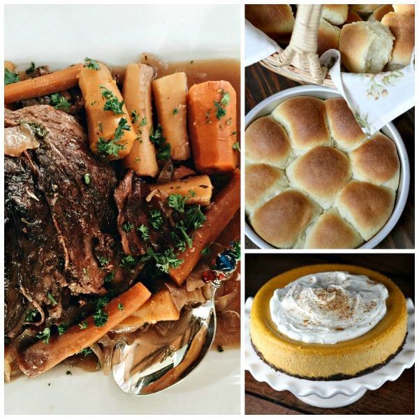 there are pictures of different foods and desserts on the table, along with bread rolls