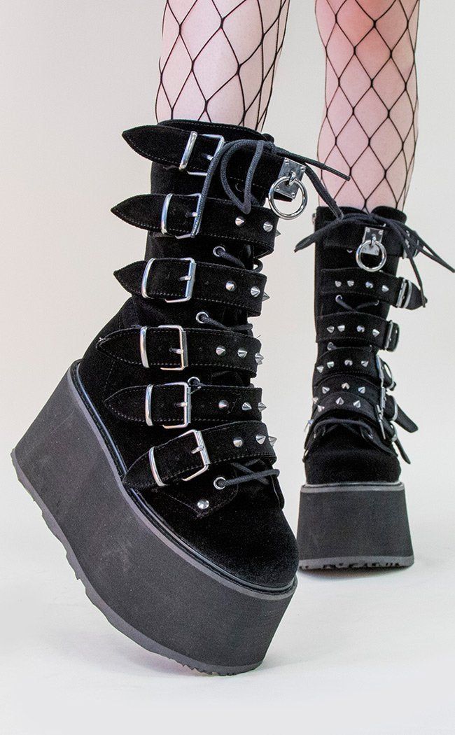 DAMNED-225 Black Velvet Boots-Demonia-Tragic Beautiful Edgy High-top Chunky Platform Boots, Edgy High-top Wedge Boots With Lug Sole, Punk Platform Boots With Grommets, Punk Platform Boots With Grommets For Alternative Fashion, Punk Platform Boots With Lug Sole For Concerts, Punk Style Platform Boots With Lug Sole For Concert, Gothic Platform Boots With Grommets, Grunge High-top Platform Moto Boots, Grunge Style High-top Platform Moto Boots