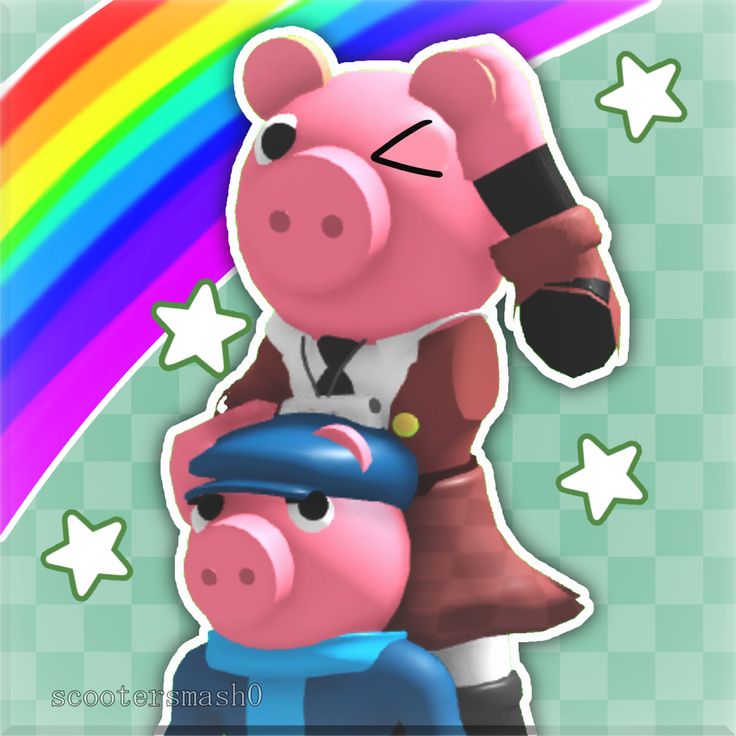 the pig is holding on to the back of another pig in front of a rainbow