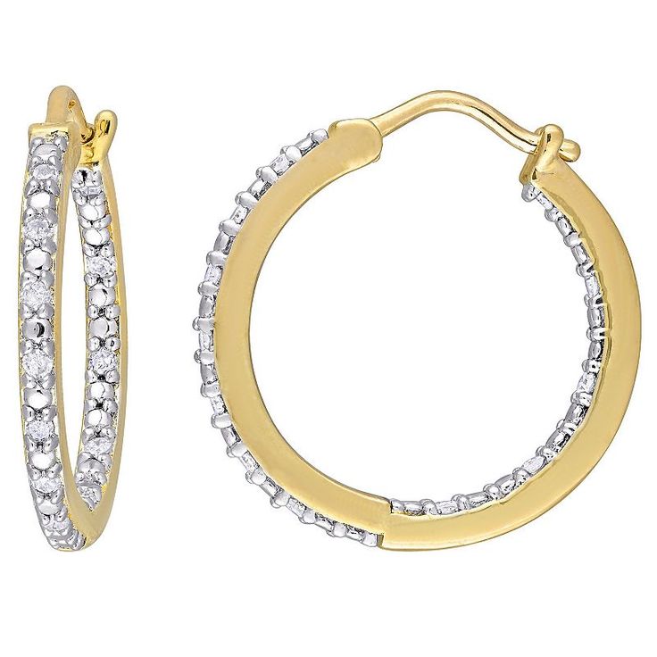 Lined inside and out with dazzling, round-cut diamonds, these Stella Grace hoops beautifuly complement your look. Lined inside and out with dazzling, round-cut diamonds, these Stella Grace hoops beautifuly complement your look. Length: 20.4 mm Backings: click-it Metal: sterling silver Plating: 18k gold flash plated Finish: polished Packaging: boxedDIAMOND DETAILS Total weight: 1/4 ct. Color grade: J-L Clarity: I3 Shape: round Setting: prong Gemstones may have been treated to enhance their appear Classic Round Hoop Earrings With Diamond Accents, Small Diamond Hoop Earrings With Pave Setting, Hoop Earrings With Pave Setting In Cubic Zirconia, Cubic Zirconia Hoop Earrings With Pave Setting, Small Hoop Earrings In Diamond White With Pave Setting, Fine Jewelry Diamond Hoop Earrings With Single Cut Diamonds, Dazzling Pave Set Hoop Earrings For Anniversary, Hoop Diamond Earrings With Pave Setting, Dazzling Hoop Earrings With Pave Setting