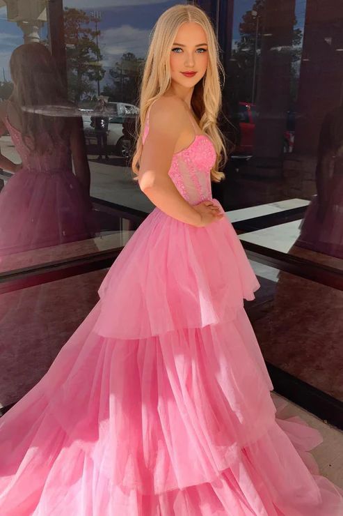 AerbaDress Fashion A-Line Evening Dress Pink Tiered Tulle Long Prom Dresses Tulle Ruffles, Stunning Prom Dresses, Pink Corset, Cute Prom Dresses, Long Prom Dresses, Pretty Prom Dresses, Color Number, Note Box, Prom Outfits