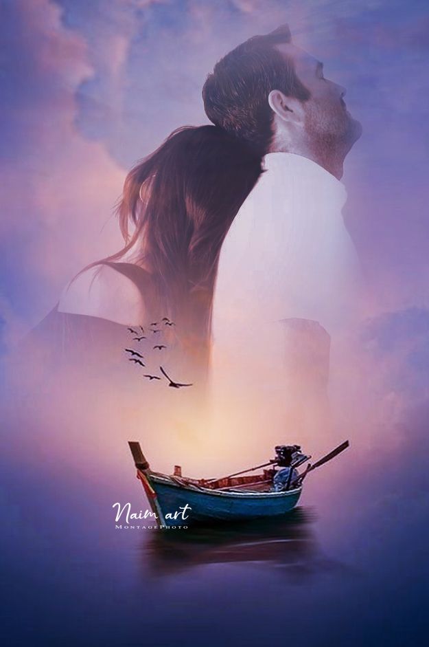 a man and woman kissing in front of a boat with birds flying over them on a cloudy day