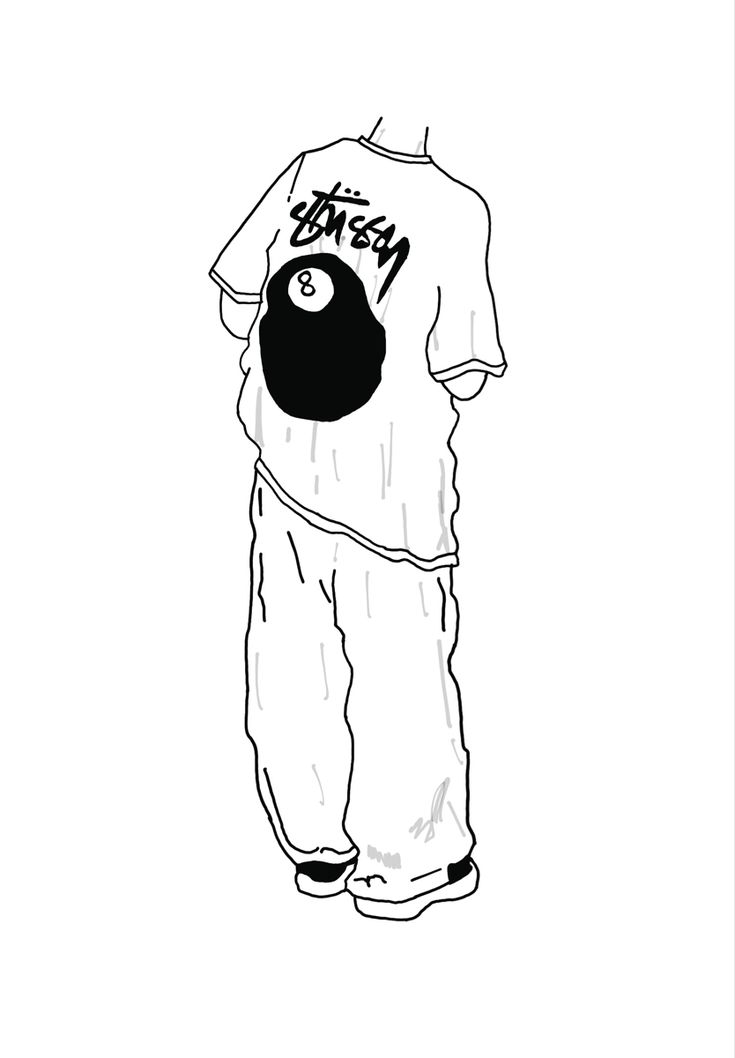 a black and white drawing of a person wearing a shirt with a ball on it