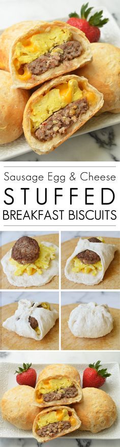 sausage egg and cheese stuffed breakfast biscuits with strawberries on the side, in front of them