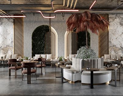 the interior of a restaurant with tables, chairs and an ostrich feather chandelier