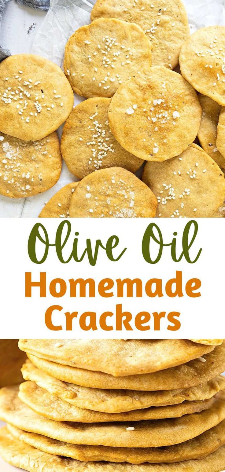 homemade crackers stacked on top of each other with the words olive oil over them