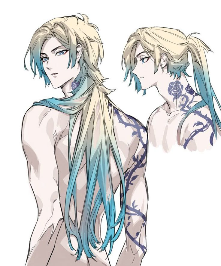 two anime guys with long hair and tattoos on their backs, one is wearing blue