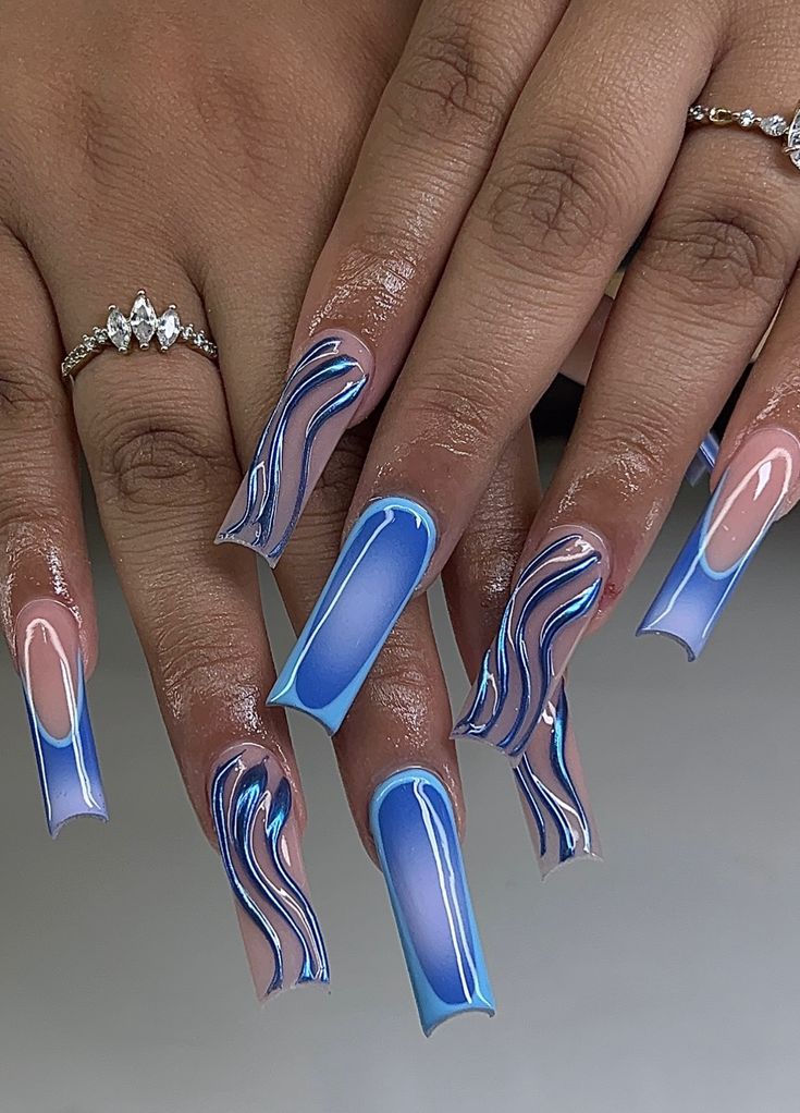 Blue Topaz Nails, Chrome Nails Designs Blue, Sky Blue Nails Design, Periwinkle Nails Designs, Blue Coffin Nail Ideas, Royal Blue Prom Nails, Sky Nail Art, Navy Nails Design, Flashy Nails