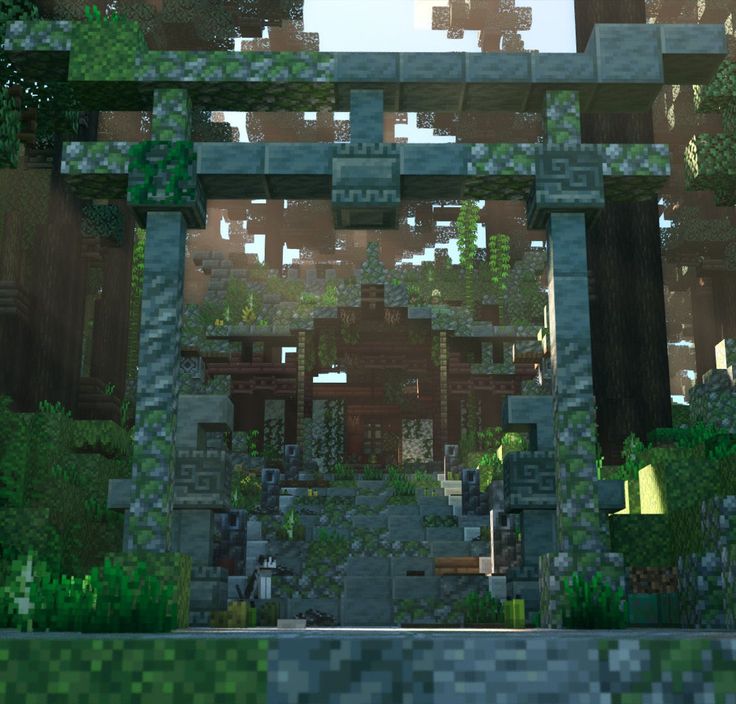 the entrance to a forest with lots of trees and bushes on it, in minecraft