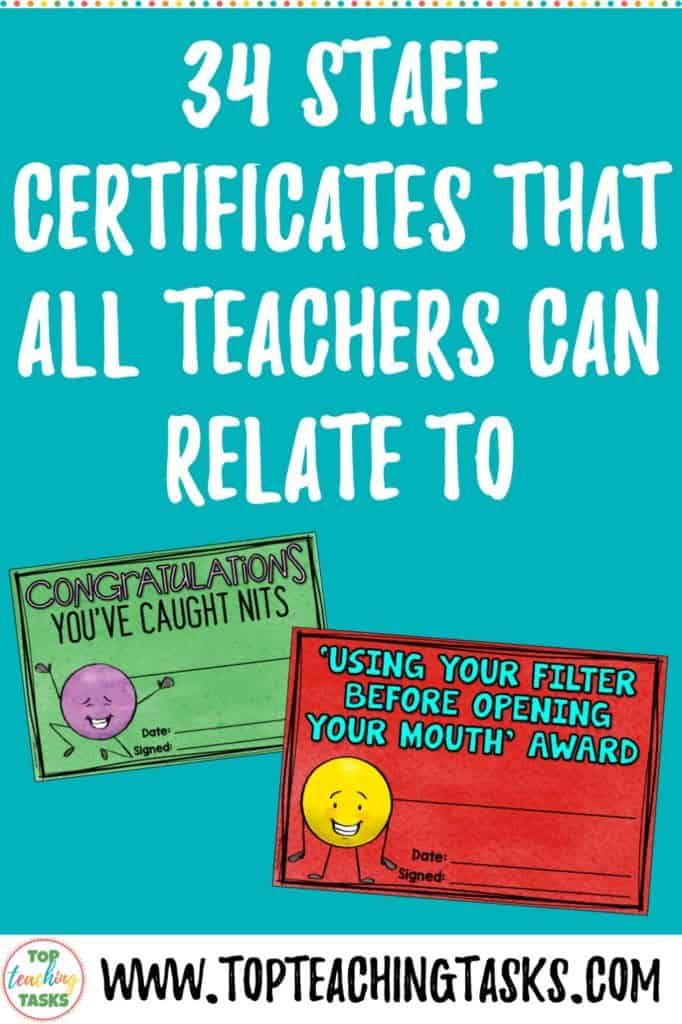 three teacher's certificates with the text, 34 staff certificates that all teachers can re