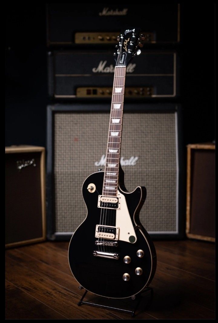 an electric guitar sitting on top of a wooden floor