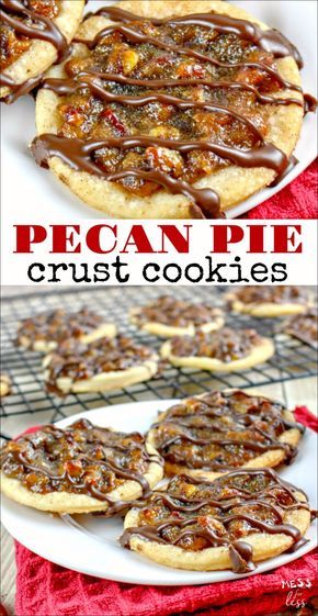 pecan pie crust cookies with chocolate drizzled on top and in the middle