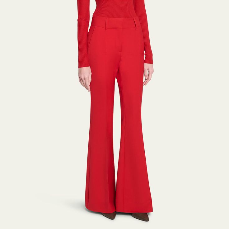 Gabriela Hearst "Rhein" trousers Mid-rise sits high on hip Slanted side pockets Full length Flared legs Hidden hook/zip fly; belt loops Virgin wool Made in Italy Gabriela Hearst, Flare Pants, Scarlet, Mid Rise, Full Length, Tops Designs, Top Brands, In Italy, Trousers