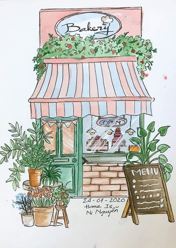 a drawing of a store front with potted plants and a chalkboard sign that says bakery