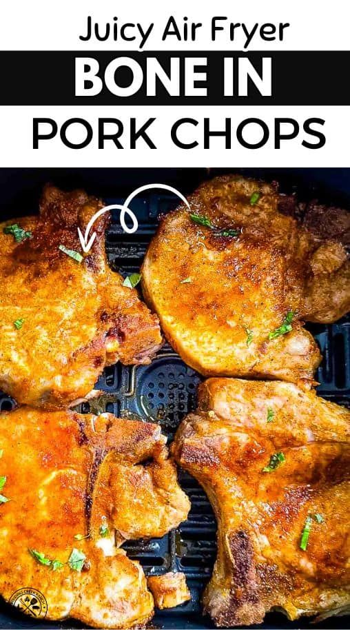 juicy air fryer bone in pork chops on the grill with text overlay