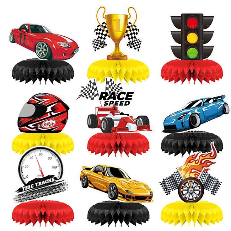 various racing themed items are grouped together in this graphic art work, each with a car and trophy on top