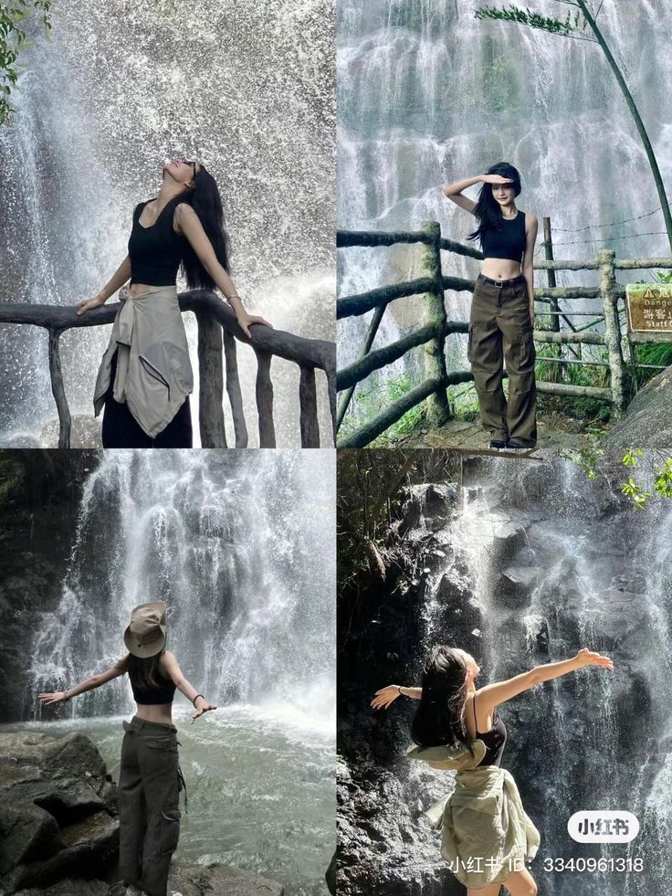 four different pictures of women standing in front of a waterfall and posing for the camera