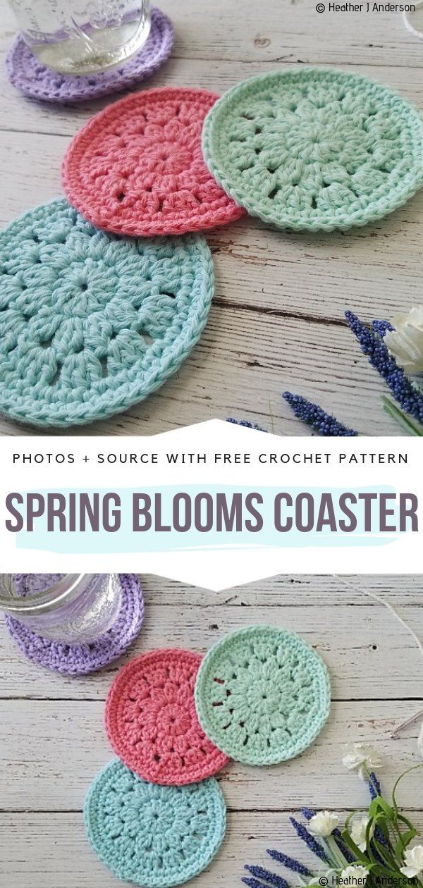 crochet spring blooms coasters with text overlay that reads, photos - source with free crochet pattern