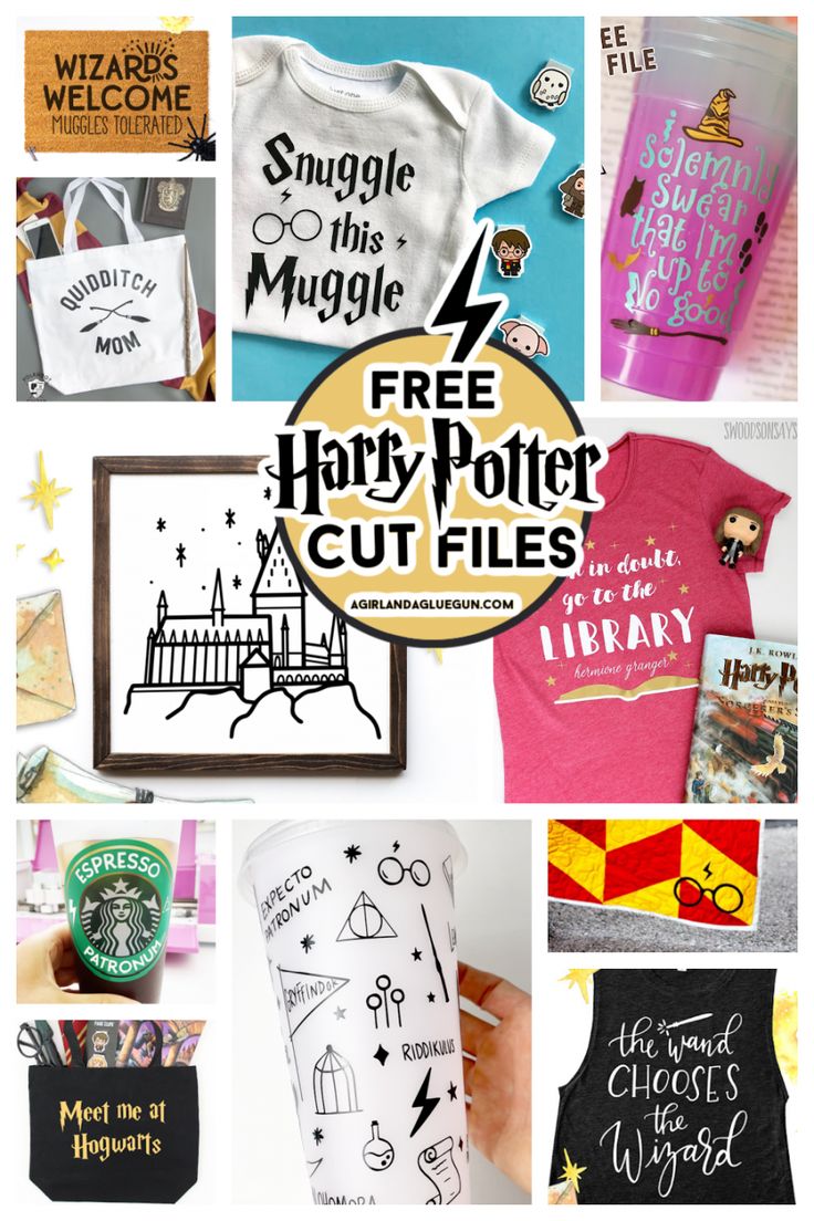 harry potter shirts and other items are featured in this collage with the words free harry potter cut files