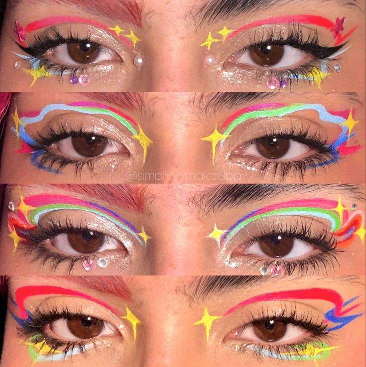 Colorful Graphic Eyeliner, Graphic Eyeliner Ideas, Hippie Makeup, Eyeliner Ideas, Artsy Makeup, Funky Makeup, Eyeliner Designs, Bold Makeup Looks, Cute Eye Makeup